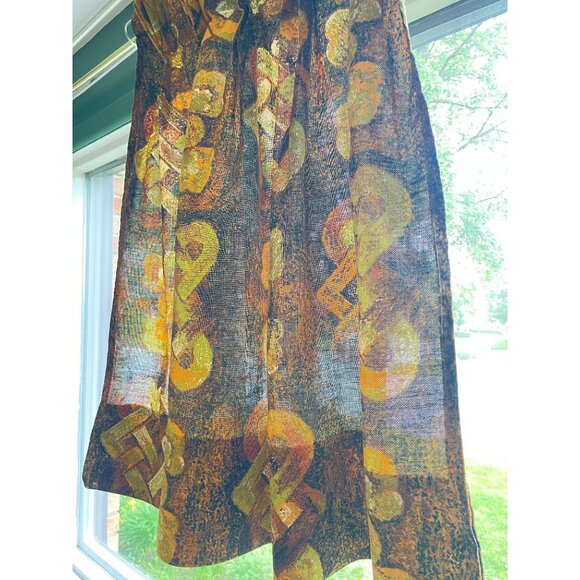 Vintage 1960s pleated curtain, MCM geometric abstract orange, brown, panel - Picture 2 of 9